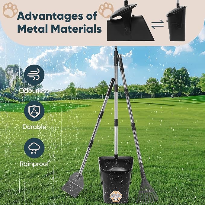 Stainless Steel Dog Pooper Scooper,40" Long Handle Swivel Bin, Rake and Spade,20 Waste Bags & Hook - Heavy Duty Portable Metal Poop Scooper for Large,Medium and Small Dogs
