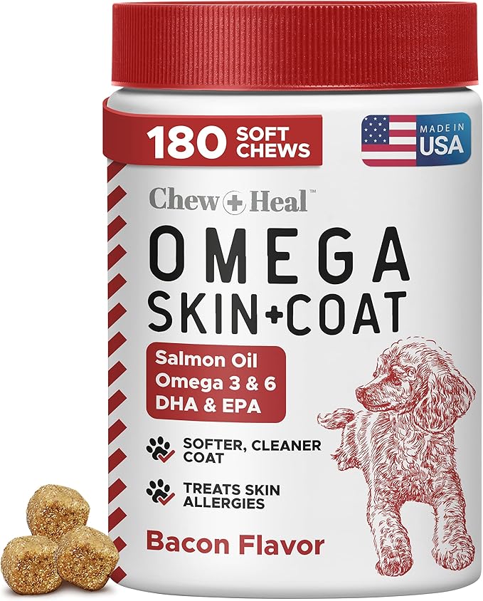 Omega for Dogs - 180 Delicious Soft Chews - Salmon Oil Treats for Skin and Coat, Itch Relief - Fish Oil Blend of Essential Fatty Acids, Omega 3, 6, and 9, and Vitamins - Smoked Bacon Flavor