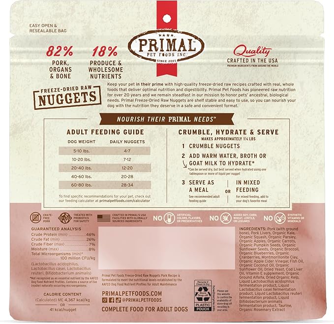 Primal Freeze Dried Raw Dog Food Nuggets, Pork, Complete & Balanced Meal, Also Use as Topper or Treat, Premium, Healthy, Grain Free, High Protein Raw Dog Food, 5.5 oz