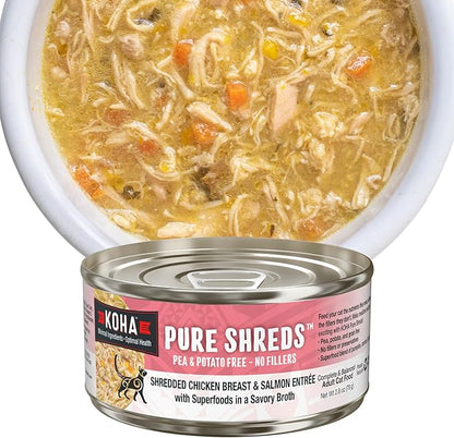 KOHA Pure Shreds Chicken and Salmon Entrée for Cats, High Protein Wet Cat Food, 2.8oz Cans (Pack of 24)