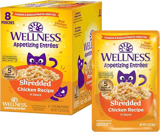 Wellness Appetizing Entrées Shredded Adult Wet Cat Food, Natural, Protein-Rich, Grain Free, 1.4 Ounce Pouch, 8 Pack (Chicken Recipe)