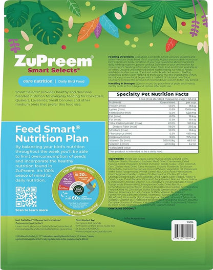 ZuPreem Smart Selects Pellets & Seed Blend, Daily Food for Cockatiel, Lovebird, Quaker, Conure, Lorikeet, Core Nutrition Food for Medium Birds, Essential Vitamins, Conure Feed (M, 2.5 lbs)