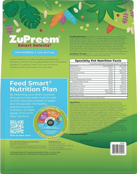 ZuPreem Smart Selects Pellets & Seed Blend, Daily Food for Cockatiel, Lovebird, Quaker, Conure, Lorikeet, Core Nutrition Food for Medium Birds, Essential Vitamins, Conure Feed (M, 2.5 lbs)