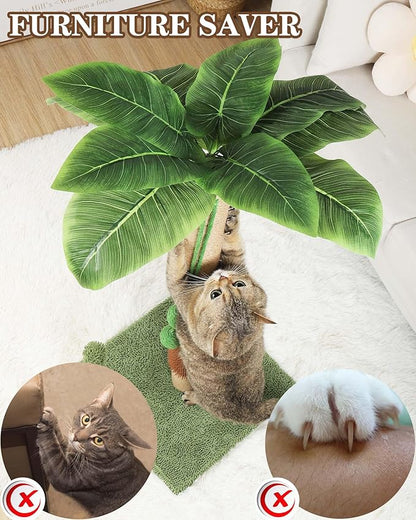 ANWA 35" Tall Cat Scratching Post for Kitten and Large Cats, Scratching Post for Indoor Cats with Self-Grooming Rubber Brush, Cat Sisal Post with Simulated Leaves