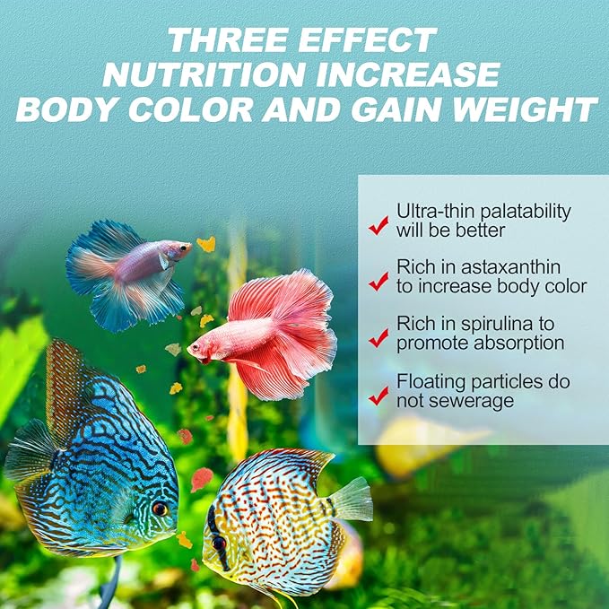 Ultrathin Tropical Fish Food Flakes - 8oz High Protein with Krill & Spirulina, Easy Swallow Color Enhancing & Growth for Betta Guppies Tetra Angelfish