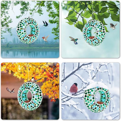 VCUTEKA Bird Feeder Mosaic Fly Through Bird Feeders for Outside Hanging with Round Shape Glass Container to Attract More Wild Birds for Garden, Yard, Backyard, Deck and Porch Decor, Bee 10-Inch
