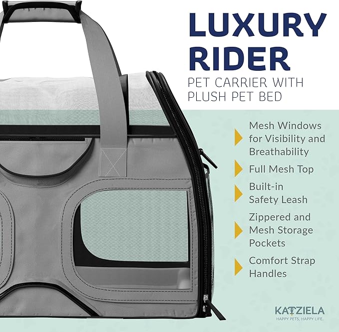 Katziela Rolling Pet Carrier for Small Dogs & Cats – Airline Compliant Soft-Sided Travel Bag with Removable Wheels, Telescopic Handle & Mesh Top (Gray/Black)