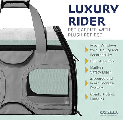 Katziela Rolling Pet Carrier for Small Dogs & Cats – Airline Compliant Soft-Sided Travel Bag with Removable Wheels, Telescopic Handle & Mesh Top (Gray/Black)