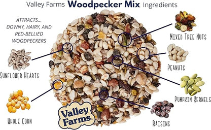 Valley Farms Woodpecker Mix, No Mess Bird Seed for Outdoor Feeders, W/Peanuts and Sunflower Hearts for Birds, Woodpecker Food, Attract All Bird Species (4 LBS)