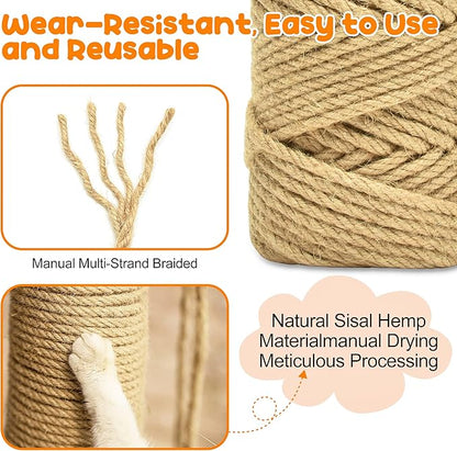 164FT/50M Cat Scratching Sisal Rope, 6mm Thick Natural Jute Rope for Scratch Posts, Cat Trees, DIY Projects, Sisal Rope for Cat Scratcher with 2 Cat Mouse Toys (Natural, 164ft)