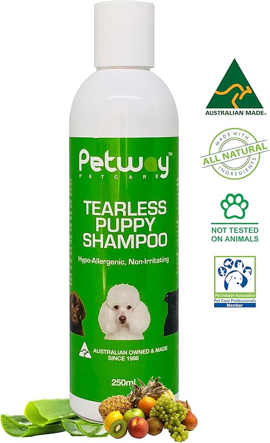 Petway Petcare Tearless Puppy Shampoo for Puppies and Kittens with Sensitive Skin, Hypoallergenic, Brightens and Highlights Natural Coat Colors, Free of phosphates, Gentle on Puppies Eyes, 250ml