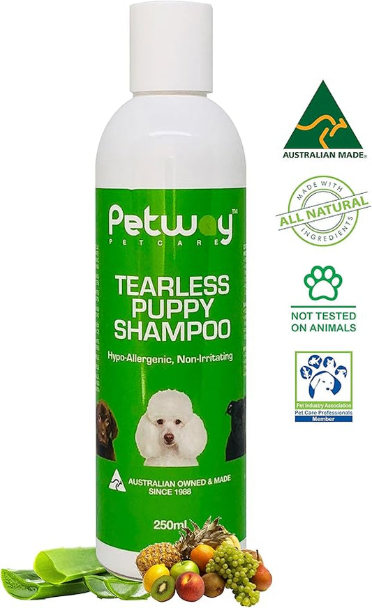 Petway Petcare Tearless Puppy Shampoo for Puppies and Kittens with Sensitive Skin, Hypoallergenic, Brightens and Highlights Natural Coat Colors, Free of phosphates, Gentle on Puppies Eyes, 250ml