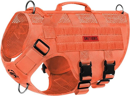 OneTigris No Pull Tactical Dog Harness for Large Dog, Mesh Design Breathable Service Dog Vest with Handle, Military Dog Vest Harness with Molle Panels for Walking Hiking Training (Orange, Large)