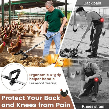 2-in-1 Chicken Poop Scooper & Rake,10" Wide Metal Sand Sifting Shovel with Grip,Chicken Coop Scoop for Poop Shavings Cleaning,Litter Scooper for Chicken Coop Accessories,Adjustable Handle (24" to 66")