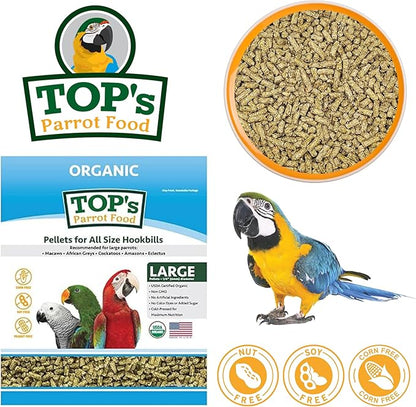 TOP's Parrot Food Pellets Hookbills, Small, Medium, Large Birds - Non-GMO, Peanut Soy & Corn Free, USDA Organic Certified - 1 lb / 453 g