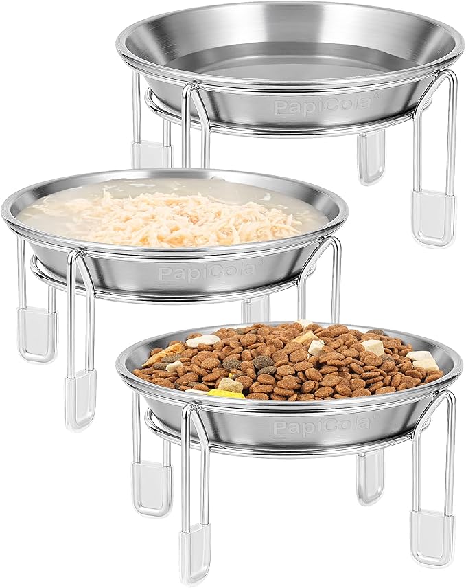 Upgrade Elevated cat Bowl, Raised Stainless Steel Cat Food and Water Dishes, Small Dog Bowl, Whisker Friendly, Anti-Vomiting, Neck Stress-Free, Non-Slip Stainless Steel Stand with 4 Legs- 3Pack