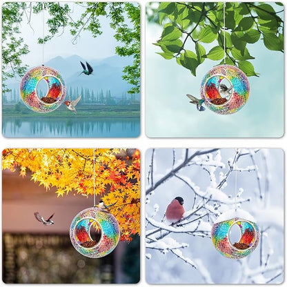 VCUTEKA Bird Feeder Mosaic Fly Through Bird Feeders for Outside Hanging with Round Shape Glass Container to Attract More Wild Birds for Garden, Yard, Backyard, Deck and Porch Decor, Purple 7-Inch