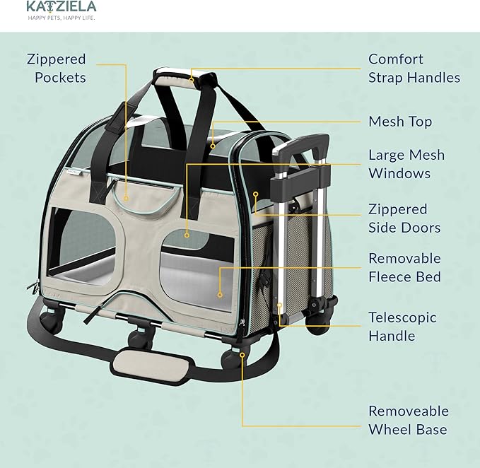 Katziela Pet Carrier - Airline Compliant Dog Carrier - TSA Approved Pet Carrier for Small Dogs and Cats - Soft FAA Travel Airplane Dog Carrier Luggage (Light Grey/Blue-Pro)