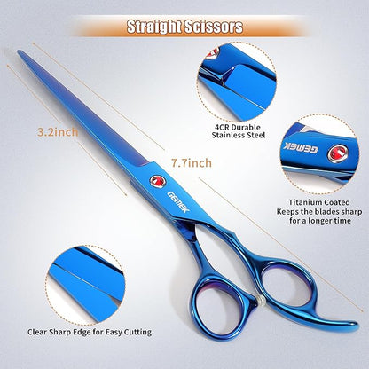 7.0in Titanium Blue Professional Pet Grooming Scissors Set, GEMEK 6 in 1 Straight & Thinning & Upwards Curved & Downwards Curved Scissors & Comb for Dogs, Cats (Blue)