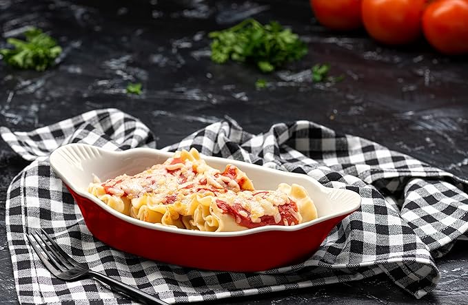 Au Gratin Baking Dishes, by Kook, Mini Casserole Dish, Set of 6, for Banana Split, Oven and Microwave Safe, Dishwasher Safe, Ceramic Serving Dishes, Lasagna & Cobblers, Individual Serving, 12 oz (Cherry Red)