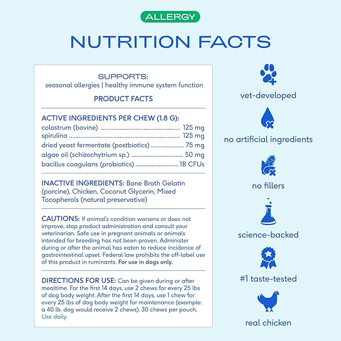 Native Pet Dog Allergy Chews - Dog Allergy Relief with Probiotics and Colostrum for Itchy Skin Relief to Support Seasonal Allergy and Healthy Immune System - All Natural Anti-Histamine - 90 Chews