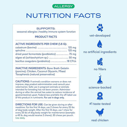 Native Pet Dog Allergy Chews - Dog Allergy Relief with Probiotics and Colostrum for Itchy Skin Relief to Support Seasonal Allergy and Healthy Immune System - All Natural Anti-Histamine - 30 Chews