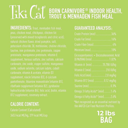 Tiki Cat Born Carnivore Indoor Health Dry Cat Food, Trout & Menhaden Fish Meal, 12 lbs. Bag