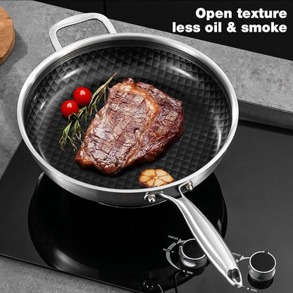 12-Inch Non Stick Frying Pans, Ceramic Coating NonStick Stainless Steel Pan Set, Tri-Ply Skillets and Pan Set with Lid, Cool-Touch Handle, Dishwasher and Oven Safe