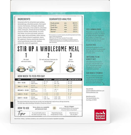 The Honest Kitchen Human Grade Dehydrated Grain Free Dog Food – Complete Meal or Dog Food Topper – Fish 10 lb (makes 40 lbs)