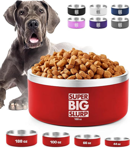 Tuff Pupper Heavy Duty Insulated Dog Bowl | Double Wall Stainless Steel Dog Food Dish | Non-Slip Spill Proof Dishwasher Safe Cat Bowl | Water Dish for Feeding Large Medium Small Pets (188oz, Red)