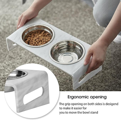 Tilted Raised Cat Bowls, Elevated 15°Orthopedic Bowls for Puppy or Dog, 4 Stainless Steel Pet Feeding Food Dishes Set, Durable Acrylic Stand, Easy to Clean (Marble)