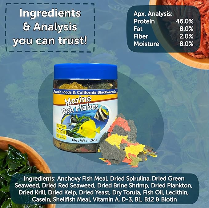 Aquatic Foods Inc. Premium Marine Fish Flakes with Algae, Seaweed and Nori for Clown Fish, Tangs, Butterflies, Angel Fish, 4-Type Wafer Mix & 12-Type Pellet Mix Included 2.65oz Canister