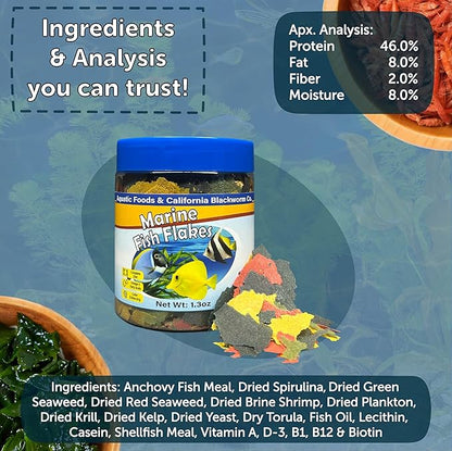 Aquatic Foods Inc. Premium Marine Fish Flakes with Algae, Seaweed and Nori for Clown Fish, Tangs, Butterflies, Angel Fish, 4-Type Wafer Mix & 12-Type Pellet Mix Included 2.65oz Canister