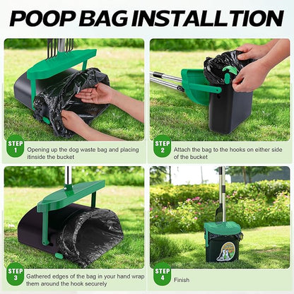 UPSKY Dog Pooper Scooper Swivel Bin & Rake Kit with 100 Waste Bags,33.4" Stainless Steel Long Handle Heavy Duty Pet Poop Shovel for Large Medium Small Dogs, Odor-Proof Lid for Yard/Lawn/Outdoor Use