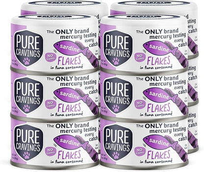 Sardine Flakes in Tuna Consommé, Canned Wet Cat Food Soup, 100% Mercury-Tested, Moist Can Fish, Grain-Free Protein, Non-GMO, 3oz, Pack of 12