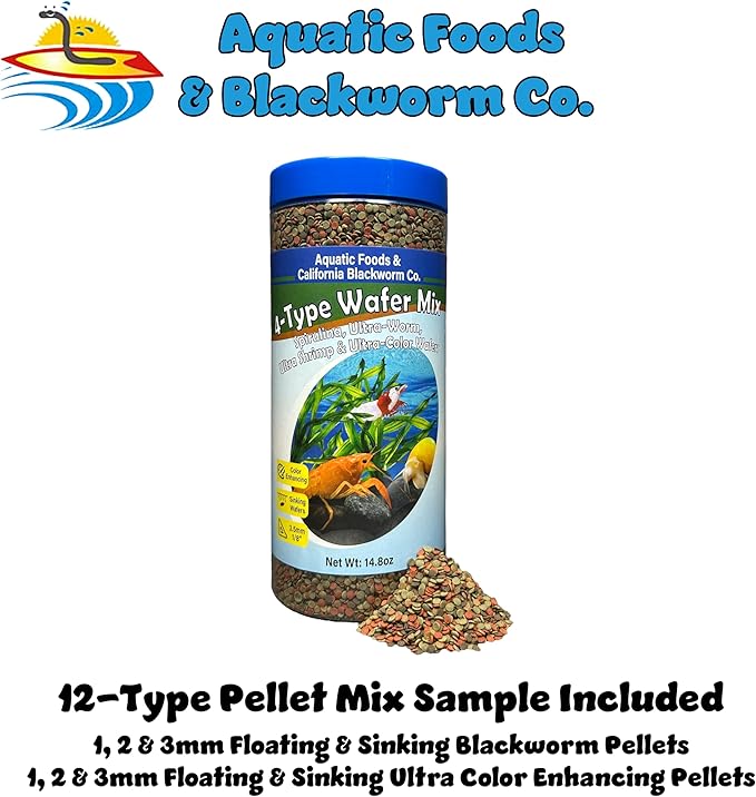 Aquatic Foods Inc. 4-Type 3.5mm - 1/8" Sinking Wafer Mix of Spirulina-Algae, Ultra-Worm, Ultra-Shrimp, Color Enhancing Wafers for Shrimp, Snails, Crabs, Crayfish, All Tropical Fish, 3.5mm..1-lb 4oz