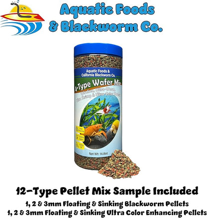 Aquatic Foods Inc. 4-Type 3.5mm - 1/8" Sinking Wafer Mix of Spirulina-Algae, Ultra-Worm, Ultra-Shrimp, Color Enhancing Wafers for Shrimp, Snails, Crabs, Crayfish, All Tropical Fish, 3.5mm..1-lb 4oz