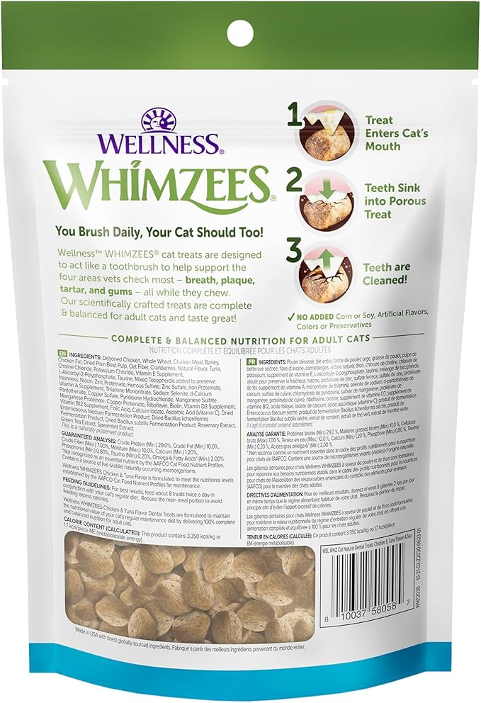 WHIMZEES Wellness Cat Dental Treats, Natural Chews, Chicken and Tuna Flavor, (4.5 Ounce Bag)