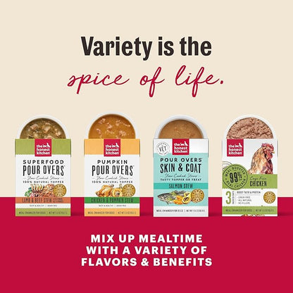 The Honest Kitchen Bone Broth POUR OVERS™ Wet Toppers for Dogs (12 pack), 5.5oz - Turkey & Salmon Stew