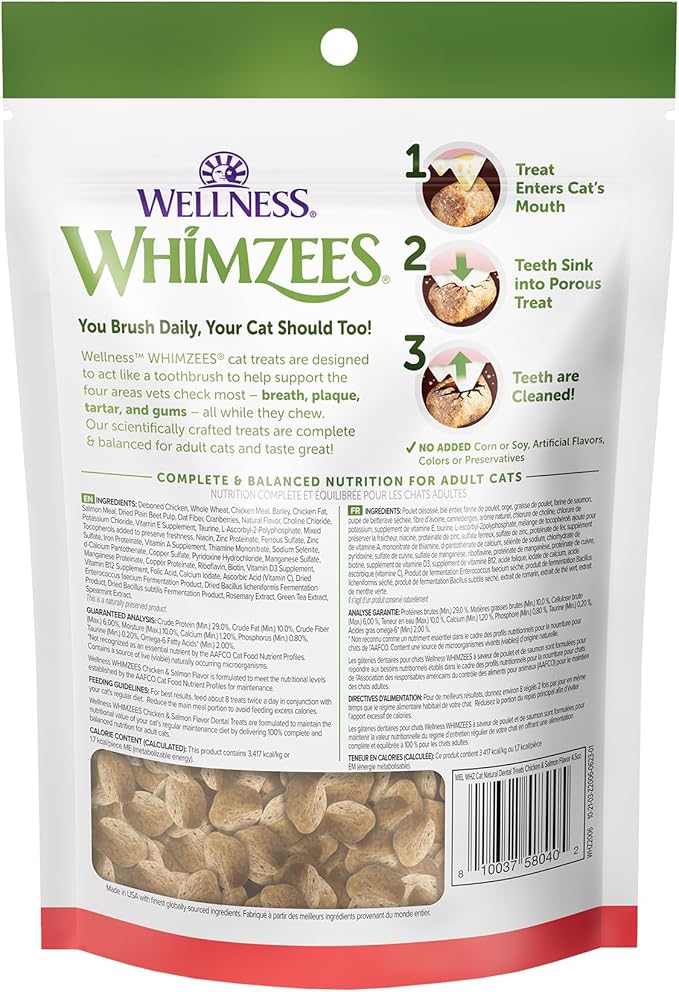 WHIMZEES Wellness Cat Dental Treats, Natural Chews, Chicken and Salmon Flavor, (4.5 Ounce Bag)