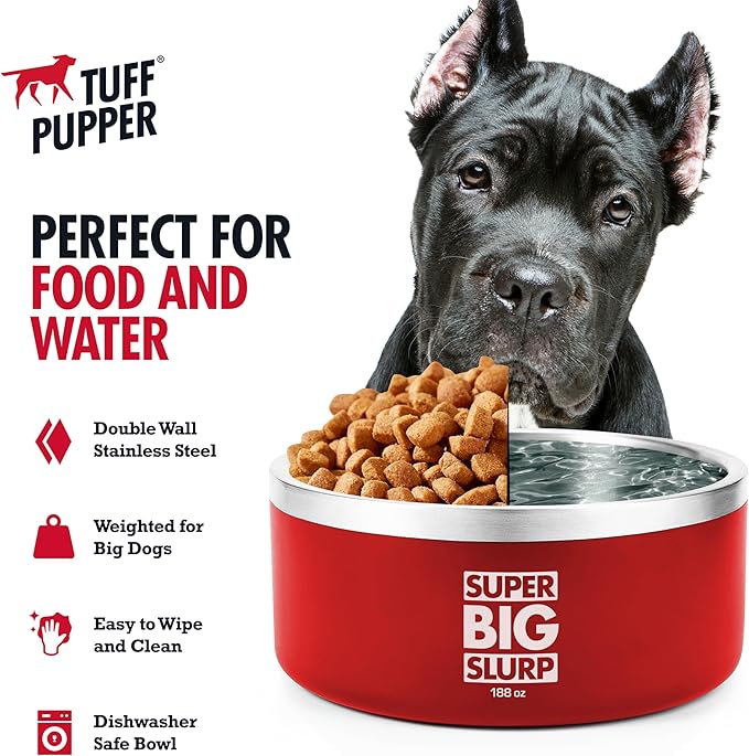 Tuff Pupper Heavy Duty Insulated Dog Bowl | Double Wall Stainless Steel Dog Food Dish | Non-Slip Spill Proof Dishwasher Safe Cat Bowl | Water Dish for Feeding Large Medium Small Pets (188oz, Red)