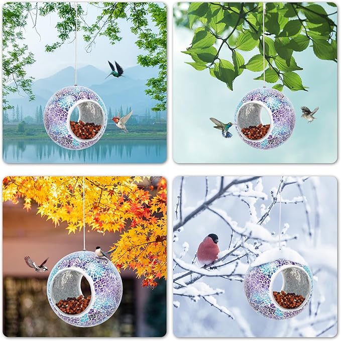 VCUTEKA Mosaic Bird Feeder, Round Glass Container Hanging Bird Feeders for Gardens, Yards, Decks to Attract Wild Birds, 7-Inch Purple Blue