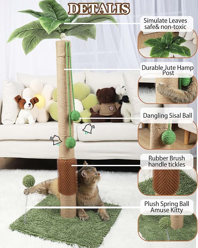 ANWA 35" Tall Cat Scratching Post for Kitten and Large Cats, Scratching Post for Indoor Cats with Self-Grooming Rubber Brush, Cat Sisal Post with Simulated Leaves