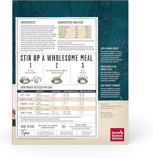 The Honest Kitchen Human Grade Dehydrated Gourmet Grains Dehydrated Dog Food - Turkey & White Fish, 10 Pound Box