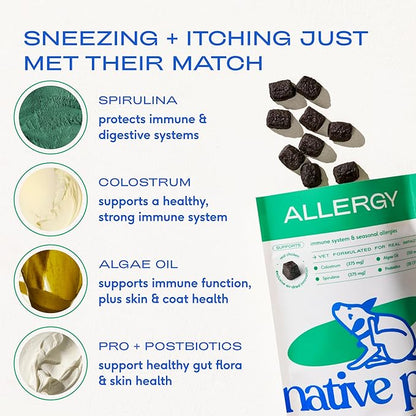 Native Pet Dog Allergy Chews - Dog Allergy Relief with Probiotics and Colostrum for Itchy Skin Relief to Support Seasonal Allergy and Healthy Immune System - All Natural Anti-Histamine - 120 Chews