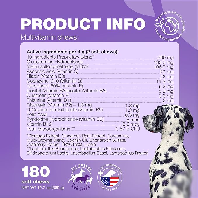 Dog Vitamins 15 in 1 - Dog Multivitamin Chews with MSM for Hip & Joint Health - Dog Supplement for Itchy Skin Relief - Multivitamin for Dogs Immune Support with Enzymes - Skin & Coat, Mobility Support