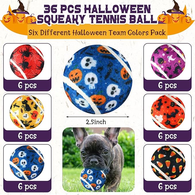 36 Pcs Dog Squeaky Tennis Balls 2.5 Inch Interactive Balls for Small Medium Large Dogs Teething Chew Toys for Throwing Fetch Exercise Playing Outdoor 6 Style(Spider)
