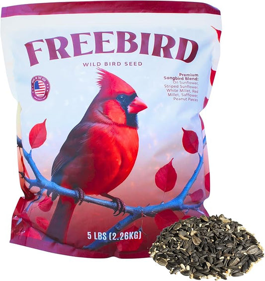 Wild Bird Seed for Outside Feeders by Freebird - Premium Songbird Blend with Sunflower, Safflower, Peanut Pieces, Red Millet and White Millet for Cardinals, Finches, and Colorful Wild Birds - 5lb Bag