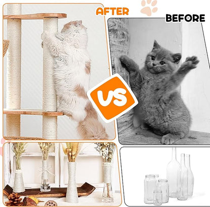 98FT/30M Cat Scratching Sisal Rope, 6mm Thick Natural Jute Rope for Scratch Posts, Cat Trees, DIY Projects, Sisal Rope for Cat Scratcher with 2 Cat Mouse Toys (White, 98ft)