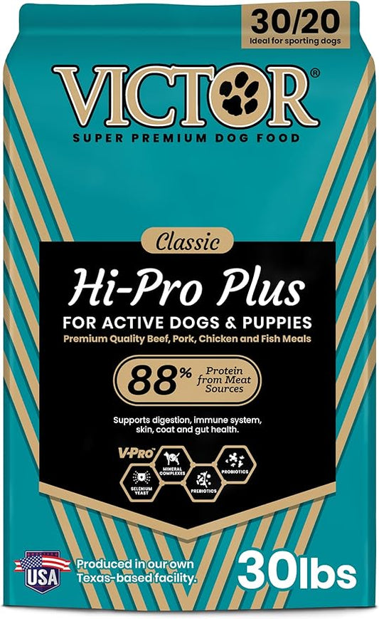 VICTOR Super Premium Dog Food – Hi-Pro Plus Dry Kibble – High Protein Dog Food with 30% Protein – Beef, Chicken, Pork, Fish Meals, Gluten Free - for High Energy and Active Dogs & Puppies, 30lbs